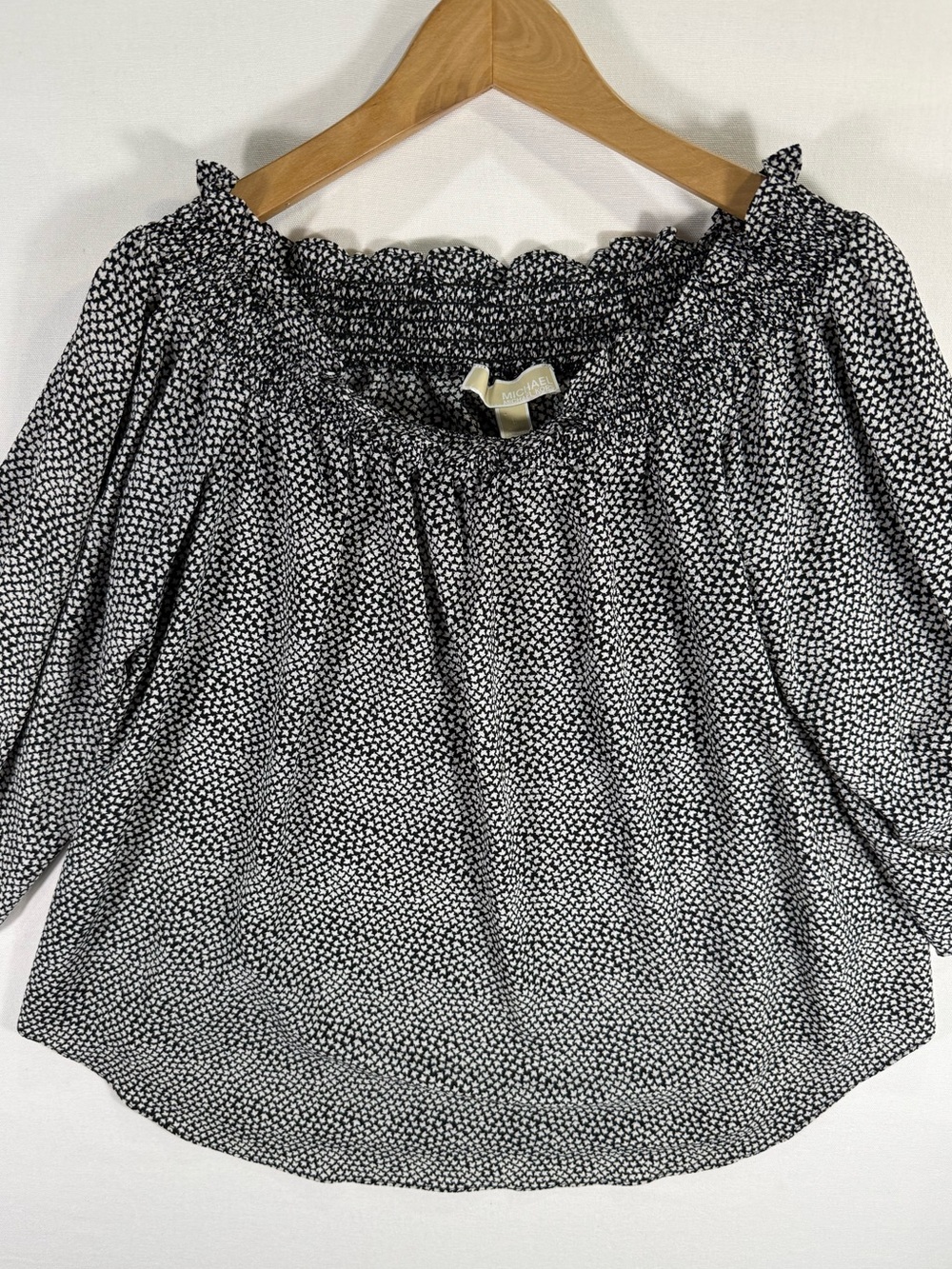 MICHAEL Michael Kors Black & White Smocked Off-Shoulder Dot Blouse